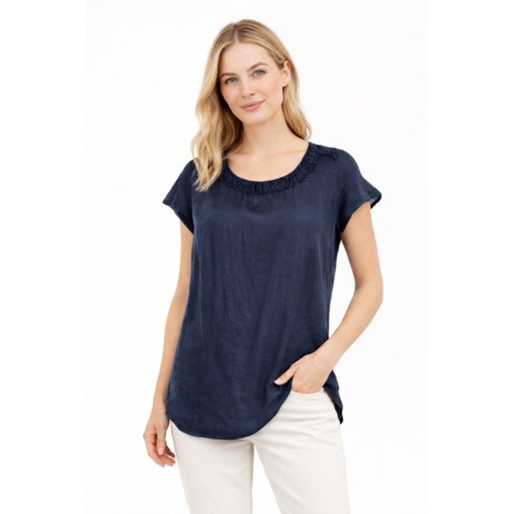 GAP Women's‎ Navy Blue Silk Cotton Blend Ruffle Neck Short Sleeve Top M 49-30